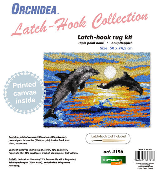 Orchidea latch hook rug kit showing a dolphins design