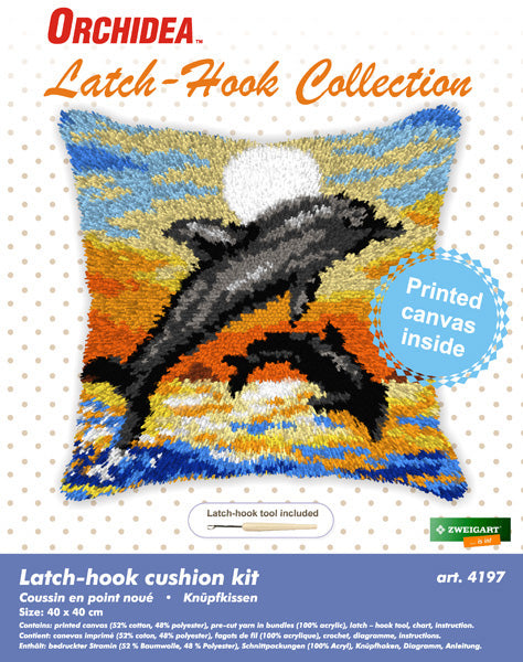 Orchidea latch hook cushion kit showing a dolphins design