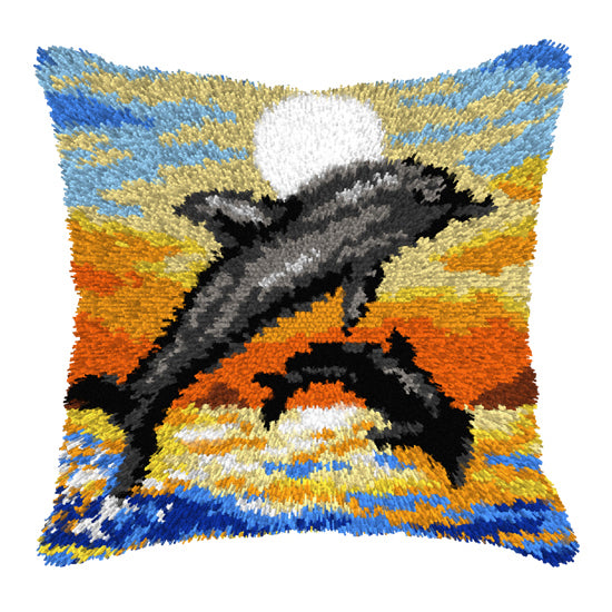 Orchidea latch hook cushion kit showing a dolphins design