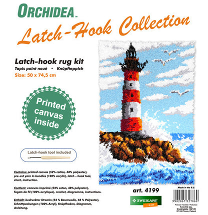 Orchidea latch hook rug kit showing a lighthouse design