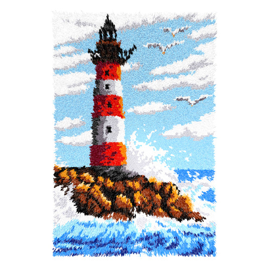 Orchidea latch hook rug kit showing a lighthouse design