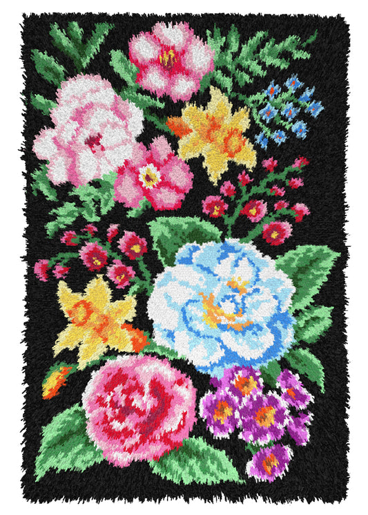 Orchidea latch hook rug kit showing a flowers on black design