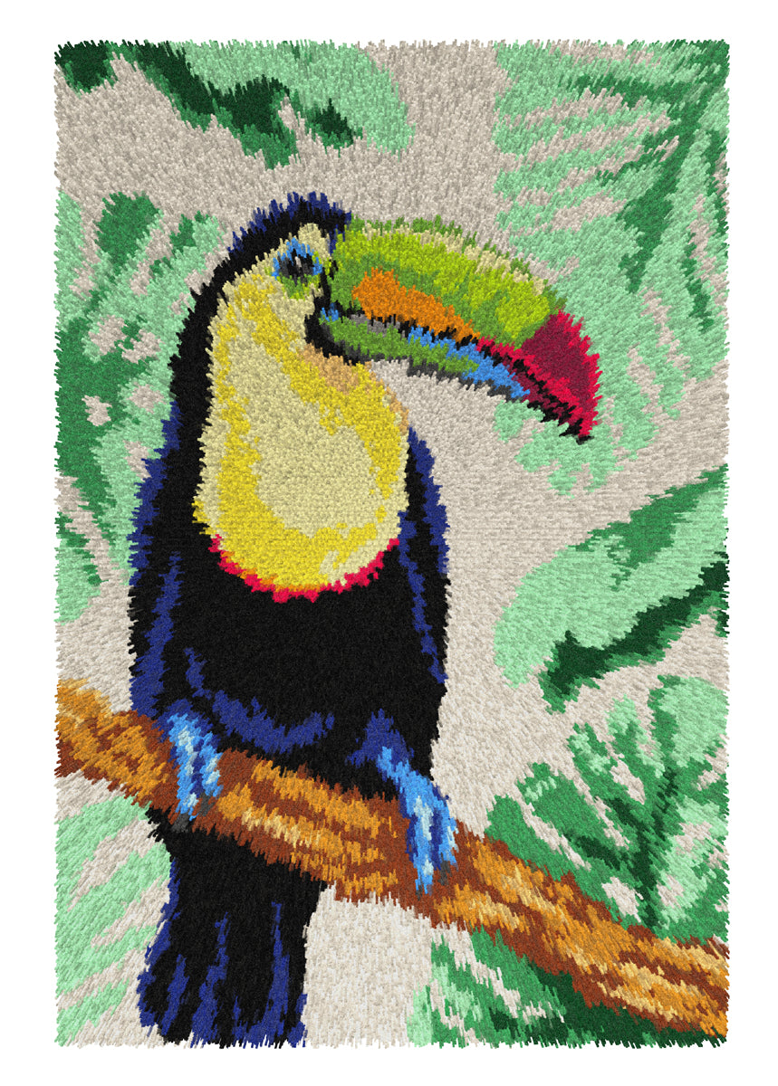 Orchidea latch hook rug kit showing a toucan design