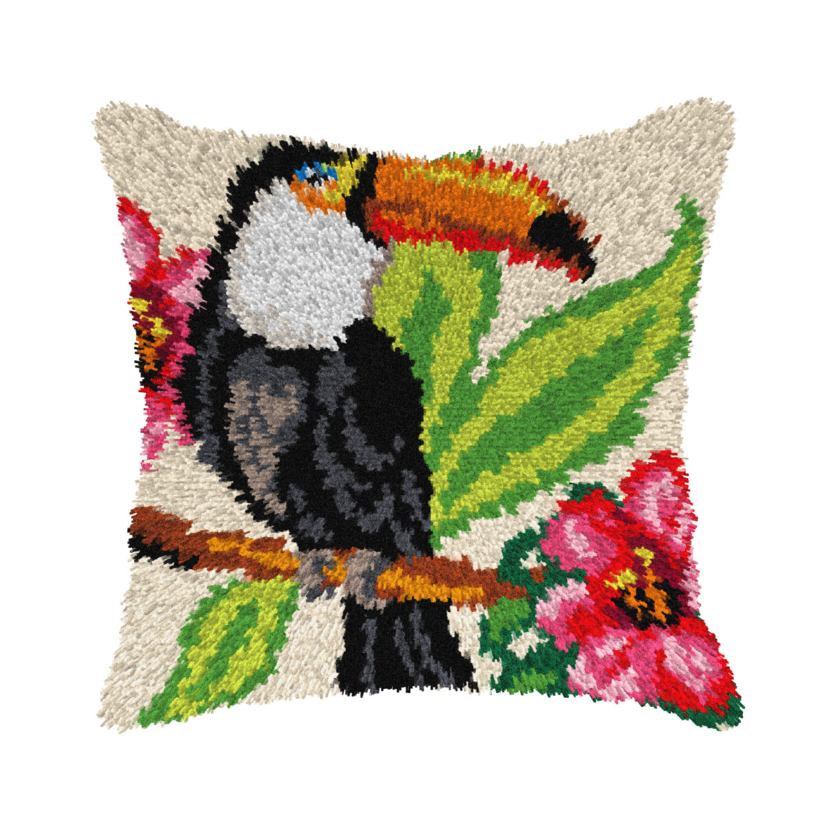 Orchidea latch hook cushion kit showing a toucan design