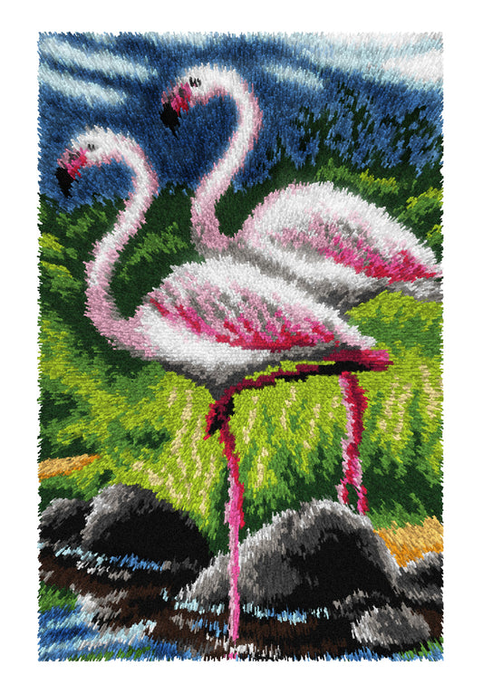 Orchidea latch hook rug kit showing a flamingos design