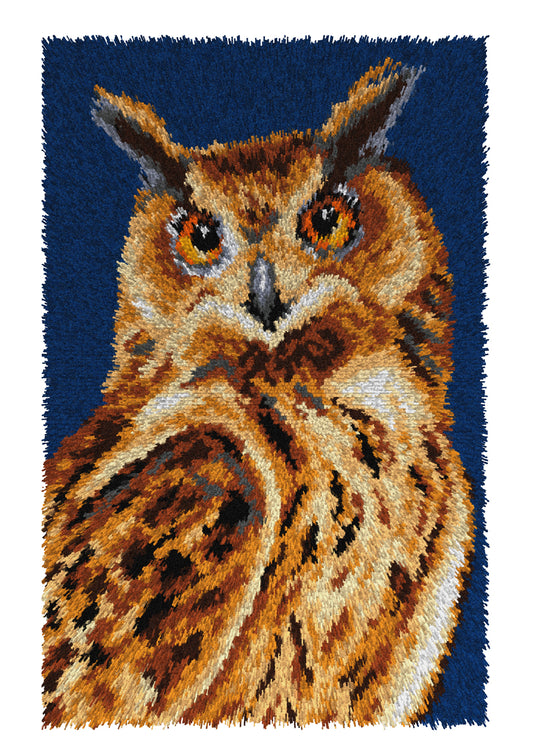 Orchidea latch hook rug kit showing a owl design