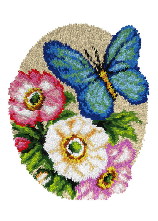 Orchidea latch hook rug kit showing a butterfly and flowers design