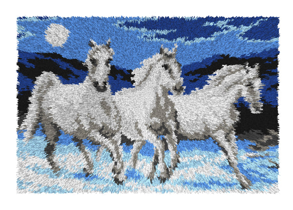 Orchidea latch hook rug with cantering horses design