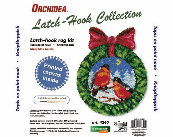 Orchidea latch hook rug with winter birds wreath design