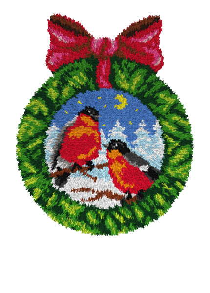 Orchidea latch hook rug with winter birds wreath design