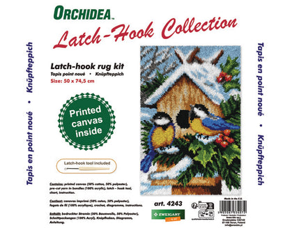Orchidea latch hook rug with winter bird scene design