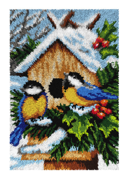 Orchidea latch hook rug with winter bird scene design