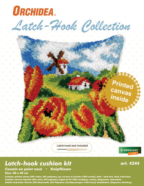 Orchidea latch hook cushion with tulips and windmill