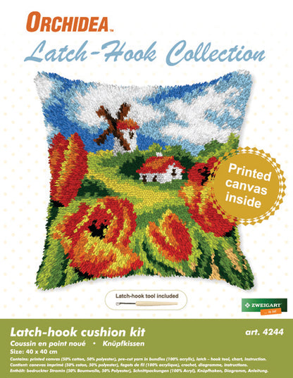 Orchidea latch hook cushion with tulips and windmill