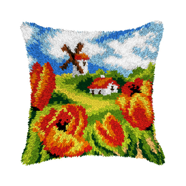 Orchidea latch hook cushion with tulips and windmill