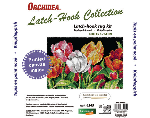 Orchidea latch hook rug with tulips on black background
