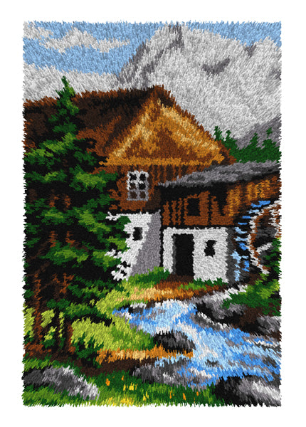 Orchidea latch hook rug with water mill scene design