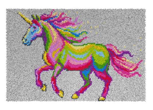 Orchidea latch hook rug with multicoloured unicorn design