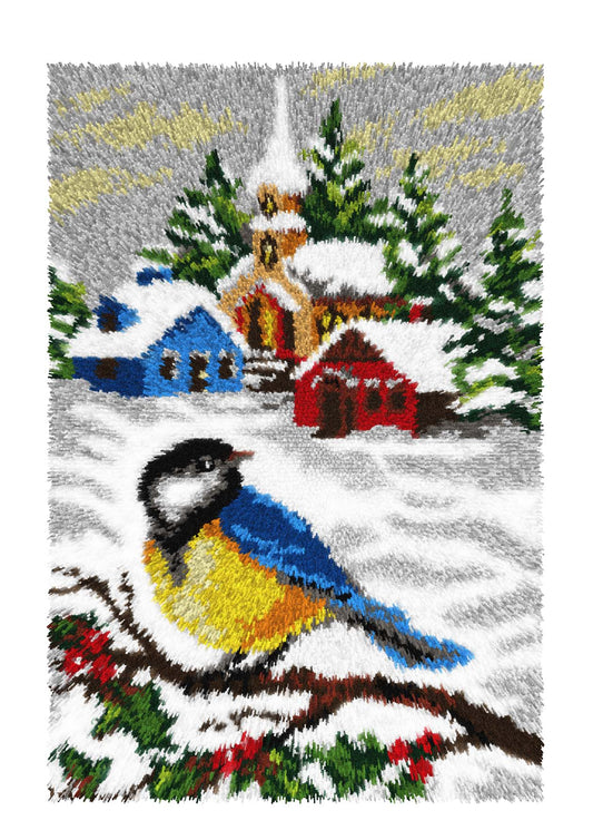 Orchidea latch hook rug with blue tit bird design