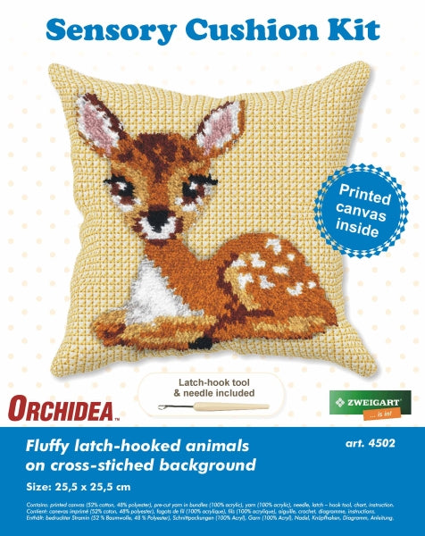 Orchidea latch hook sensory cushion kit showing a doe design
