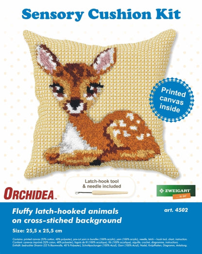 Orchidea latch hook sensory cushion kit showing a doe design