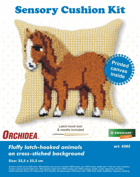 Orchidea latch hook sensory cushion kit showing a pony design