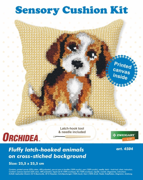Orchidea latch hook sensory cushion kit showing a little dog design