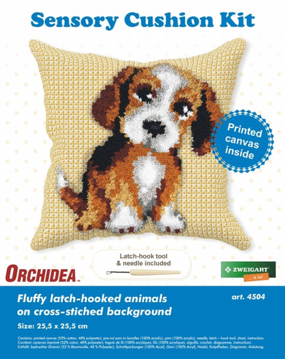 Orchidea latch hook sensory cushion kit showing a little dog design