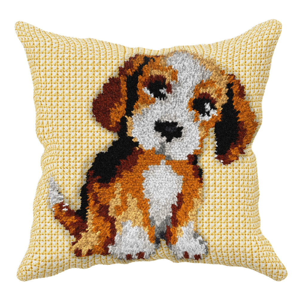 Orchidea latch hook sensory cushion kit showing a little dog design