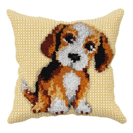 Orchidea latch hook sensory cushion kit showing a little dog design