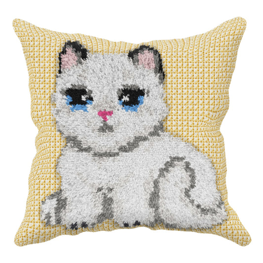 Orchidea latch hook sensory cushion kit showing a kitten design