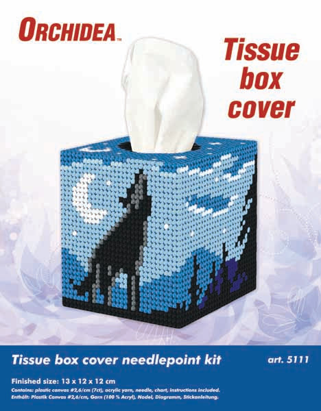 Orchidea plastic canvas tissue box cover kit with a howling wolf scene