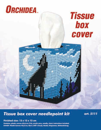 Orchidea plastic canvas tissue box cover kit with a howling wolf scene