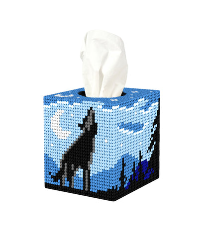Orchidea plastic canvas tissue box cover kit with a howling wolf scene