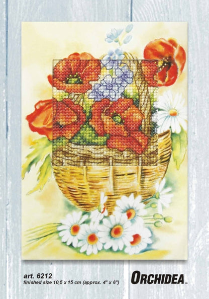 Poppies and daisies cross stitch greetings card