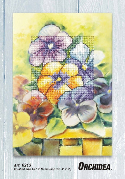 Pansies on a watercolour background cross stitch greetings card