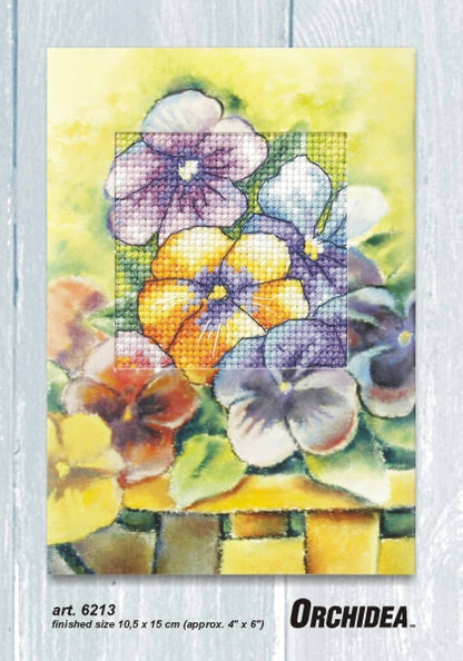 Pansies on a watercolour background cross stitch greetings card