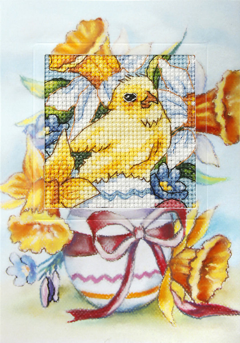 Cross stitch greetings card showing an Easter chick with an egg and daffodils