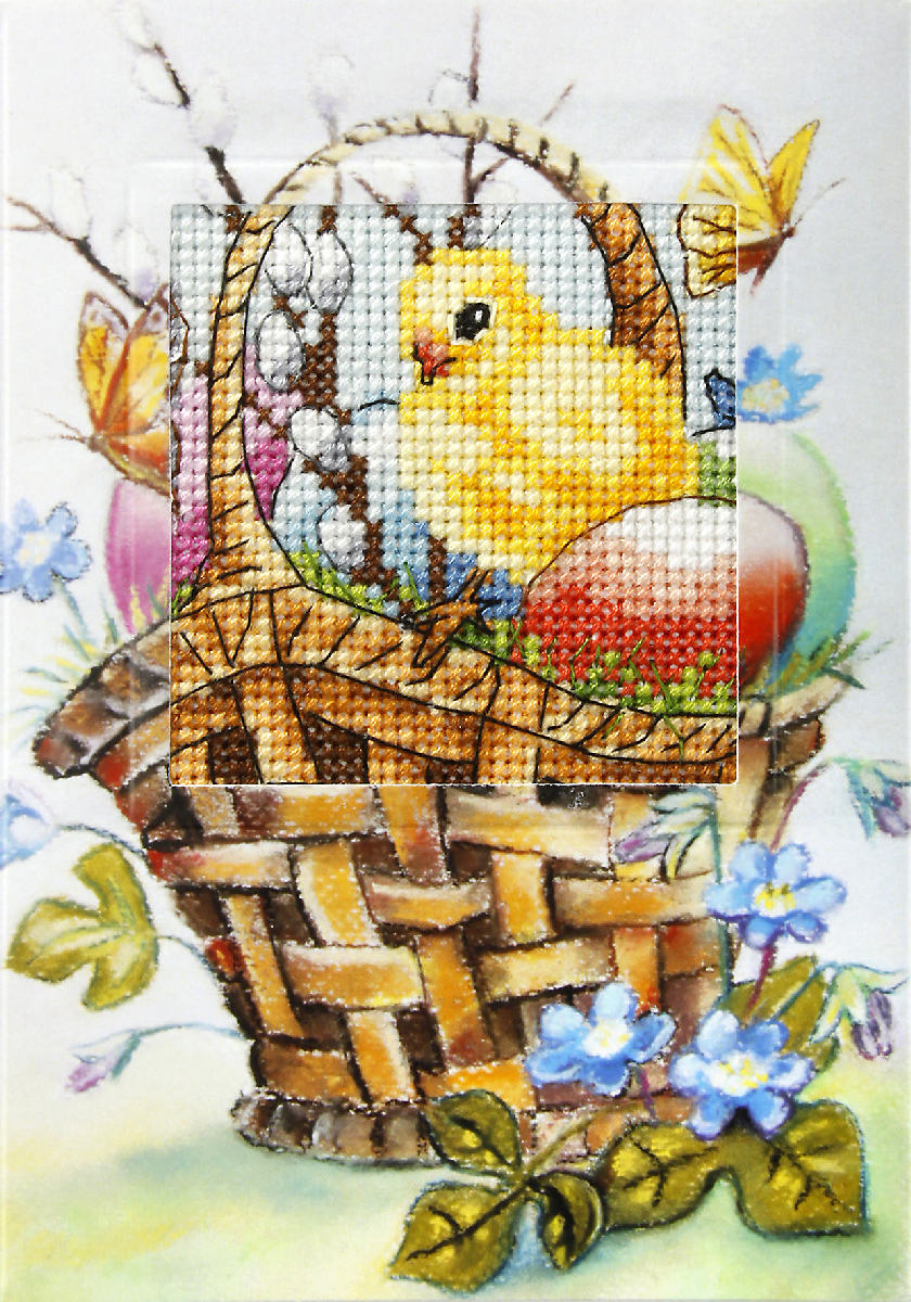 Cross stitch greetings card showing an Easter chick sitting in a basket