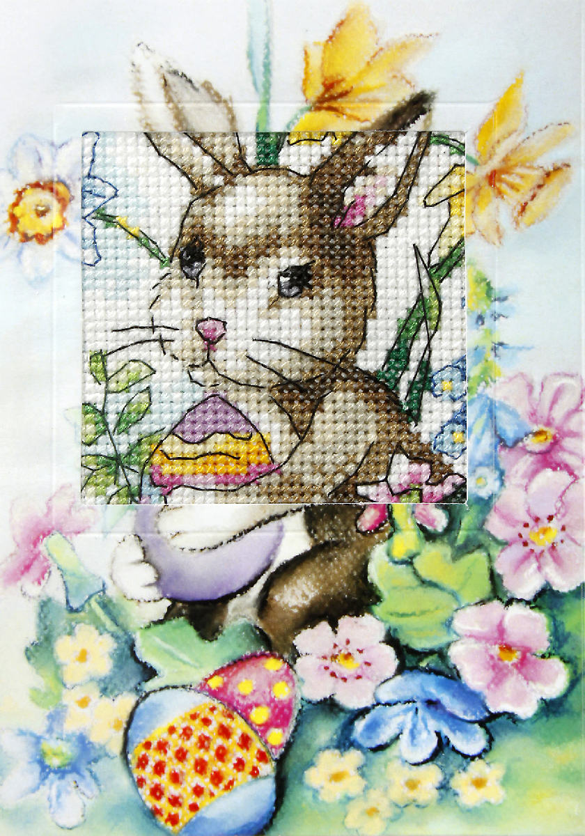 Cross stitch greetings card showing an Easter bunny