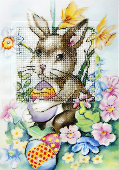 Cross stitch greetings card showing an Easter bunny