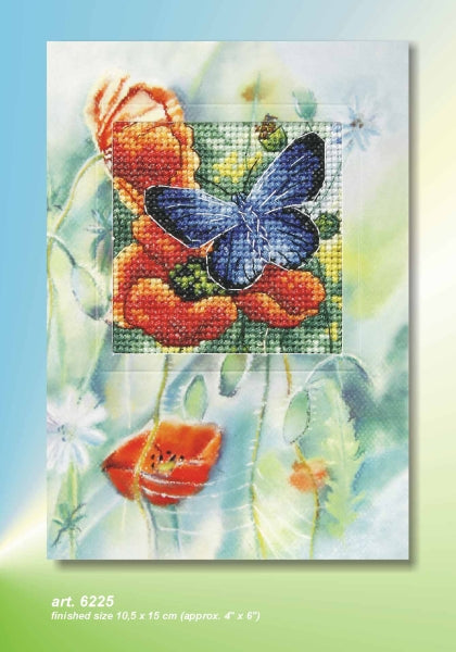 Cross stitch greetings card showing a butterfly with red poppies