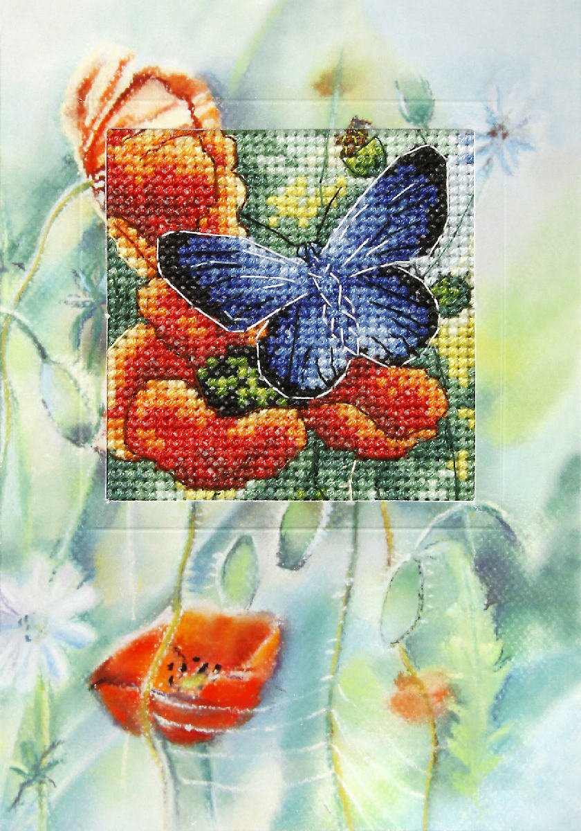 Cross stitch greetings card showing a butterfly with red poppies