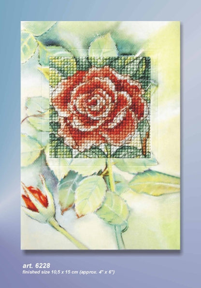 Cross stitch greetings card showing a rose