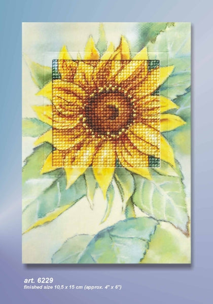 Cross stitch greetings card showing a sunflower