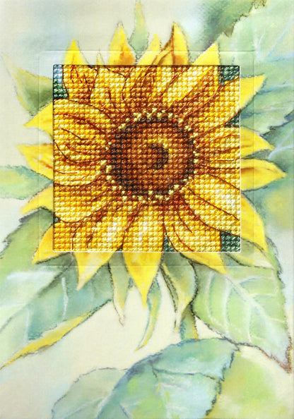 Cross stitch greetings card showing a sunflower