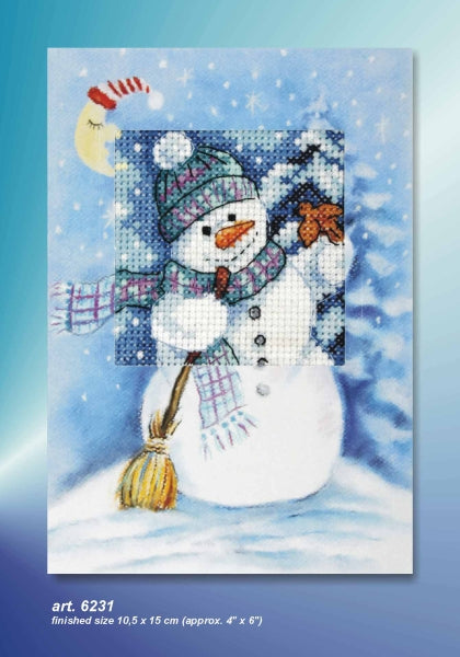 Cross stitch greetings card showing a snowman with a broom and scarf under a crescent moon