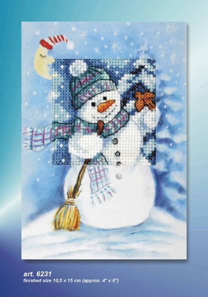 Cross stitch greetings card showing a snowman with a broom and scarf under a crescent moon