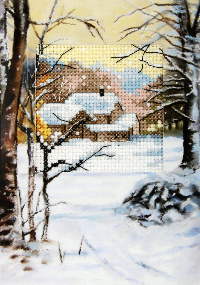 Cross stitch greetings card showing a winter scene