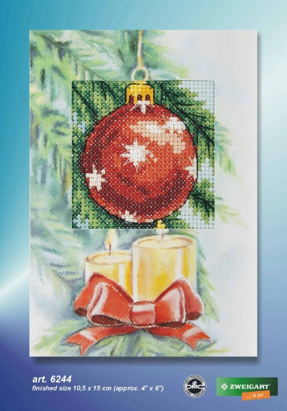 Cross stitch greetings card showing a red Christmas bauble